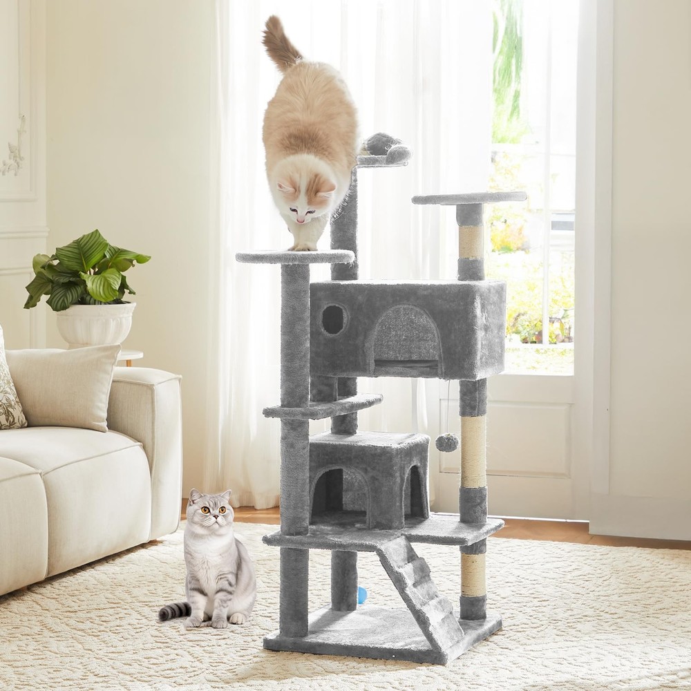 Cat Tree 54 Inch Multi-level Tower Condo Sisal Posts Ladder Light Grey Indoor