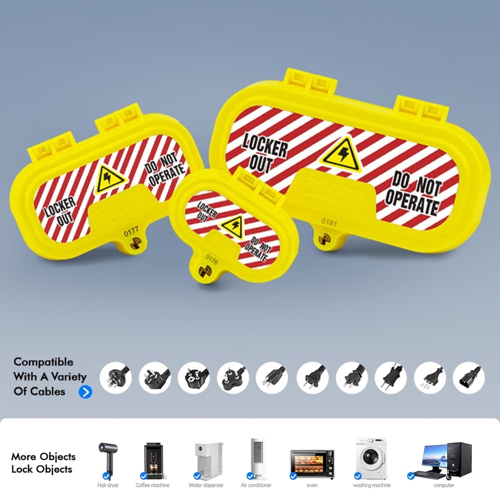 Plug Locks for Power Cords with Keys - Medium Self-Locking Cover (No Padlock Req