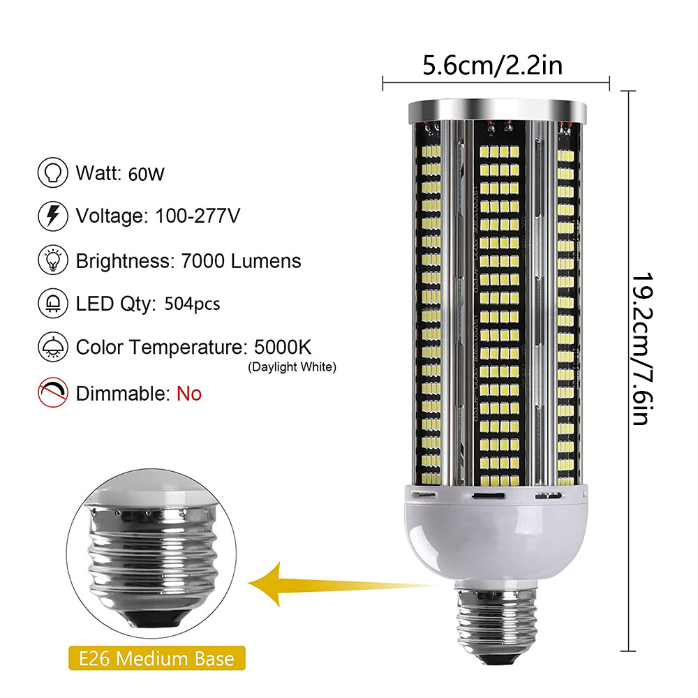 600W Equivalent LED Corn Light Bulb 60W 7000 Lumen 5000K Daylight White E26/E27