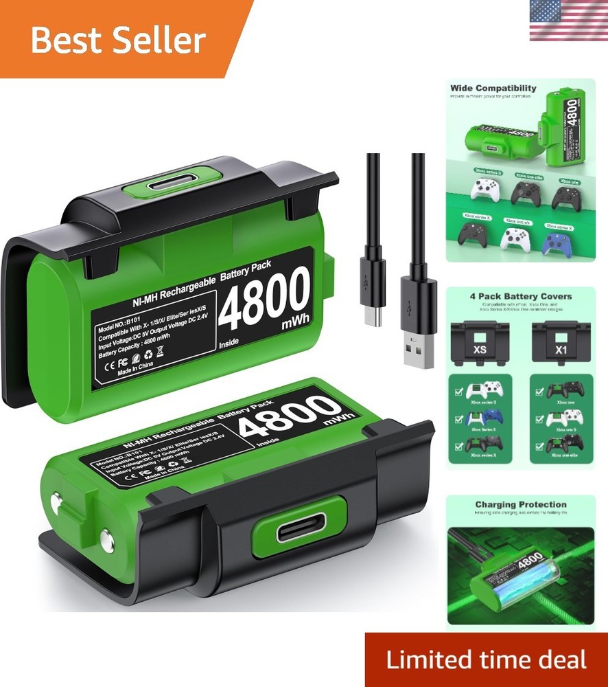 Eco-Friendly Rechargeable Xbox Controller Batteries - 2 Pack with Type-C Charge