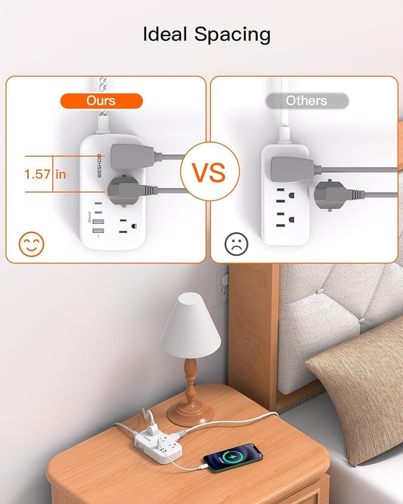 25ft Extension Cord with Flat Plug & USB Ports