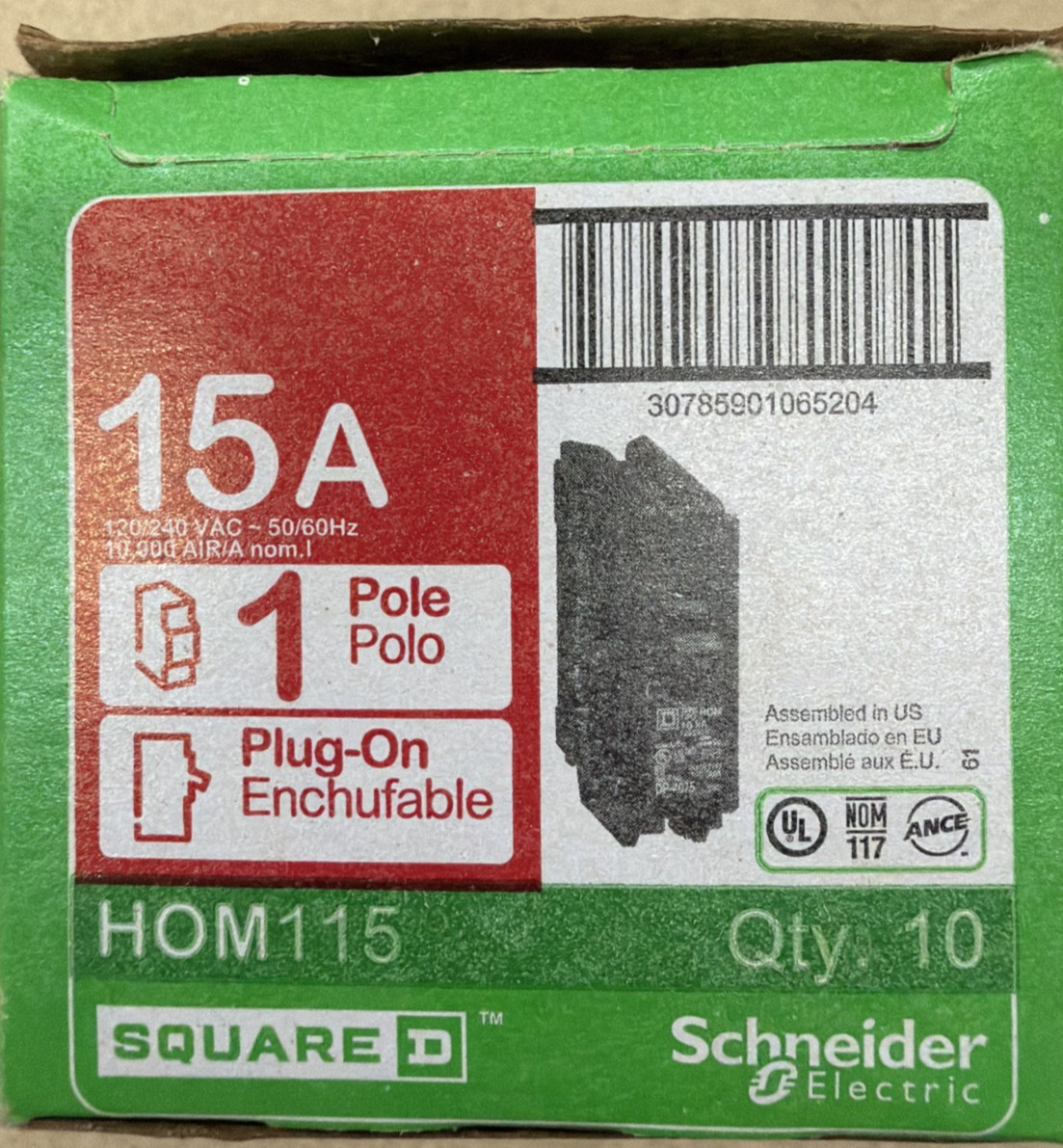 10 PCS Square D HOM115 - 15 Amp - 1 Pole - Plug On - Circuit Breaker
