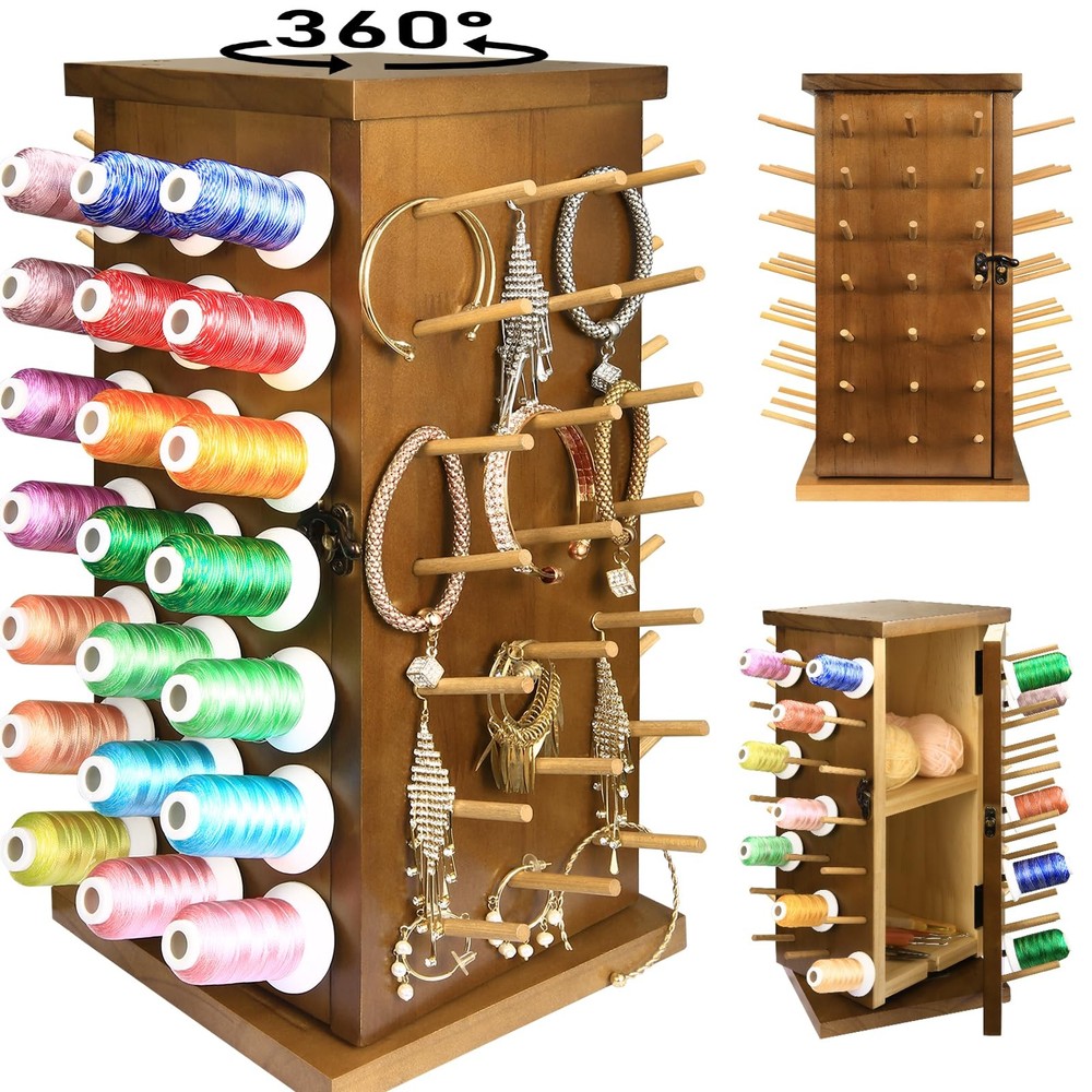Wooden 84 Spools Thread Rack/Thread Holder Organizer with Inner Storage Compa...