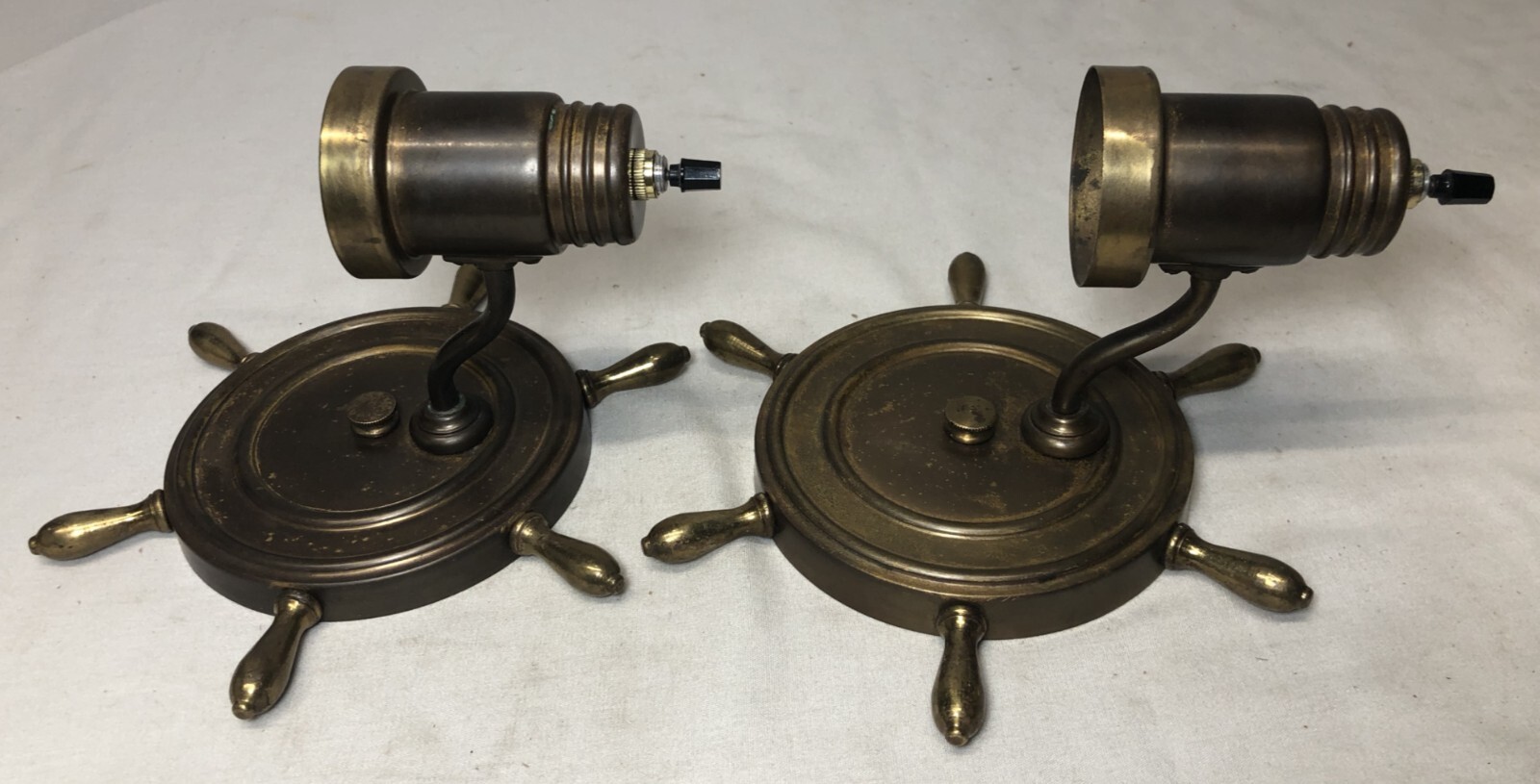 Vtg Nautical Wall Sconce Pair Ship Wheel Brass Light Fixture Art Wired USA #i30