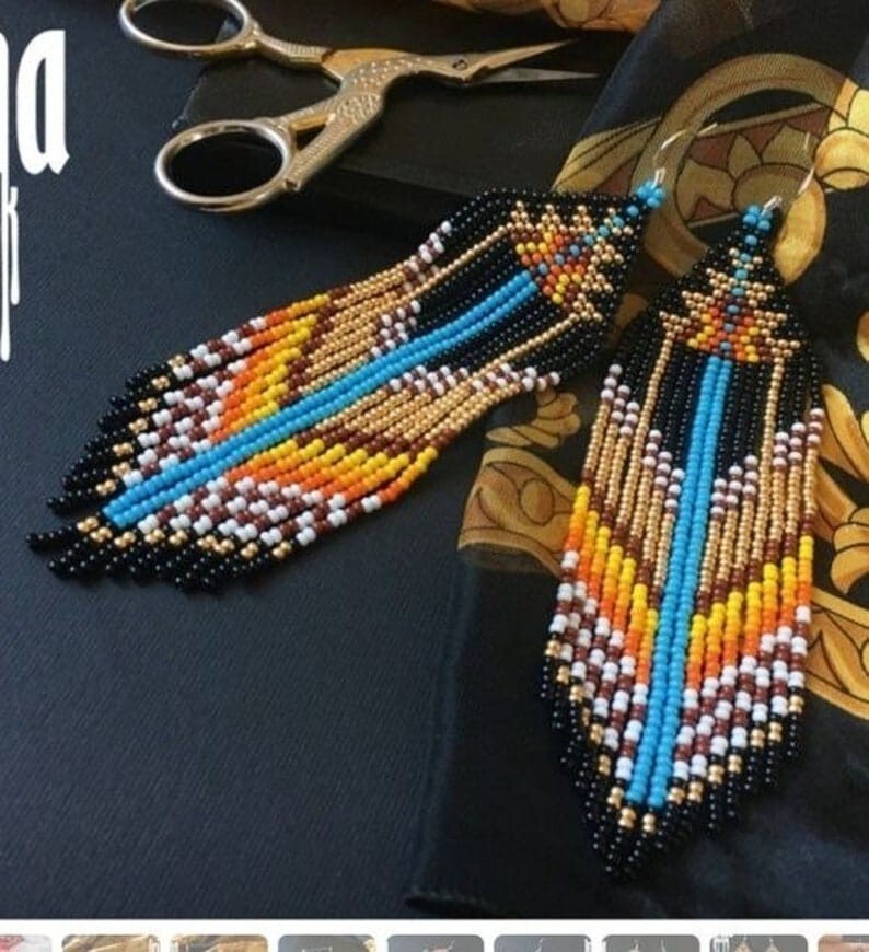Tribal Earrings Native Large Boho American Seed Beads Handmade Earring