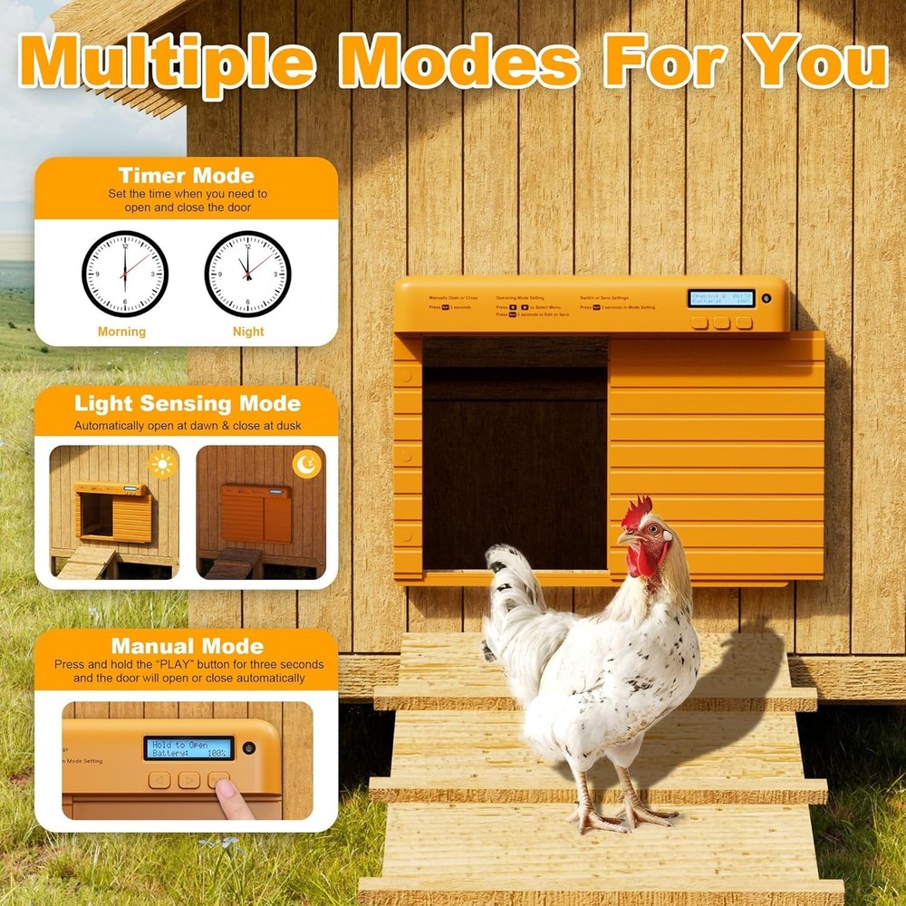 Automatic Chicken Coop Door Battery Powered with Timer & Light Sensor, LCD