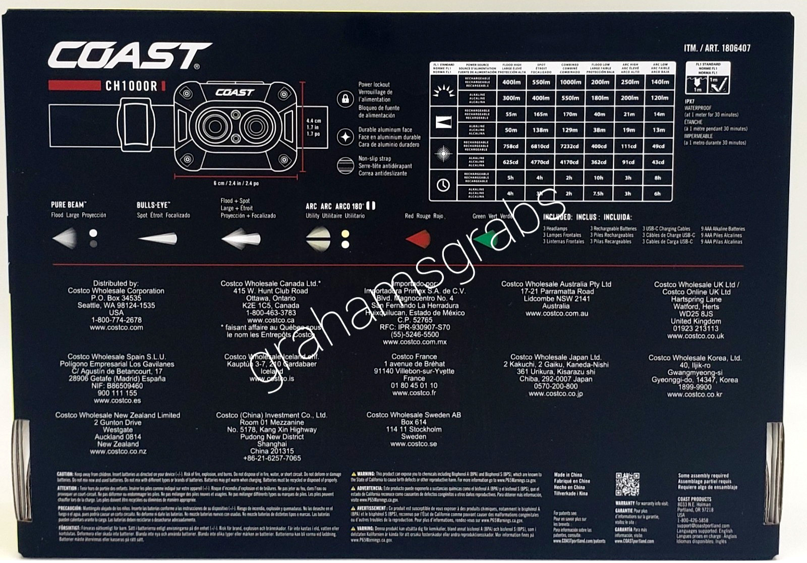 COAST CH1000R 1000-Lumen HEADLAMP 3 Ct. RECHARGEABLE DUAL POWER IPX7 WATERPROOF