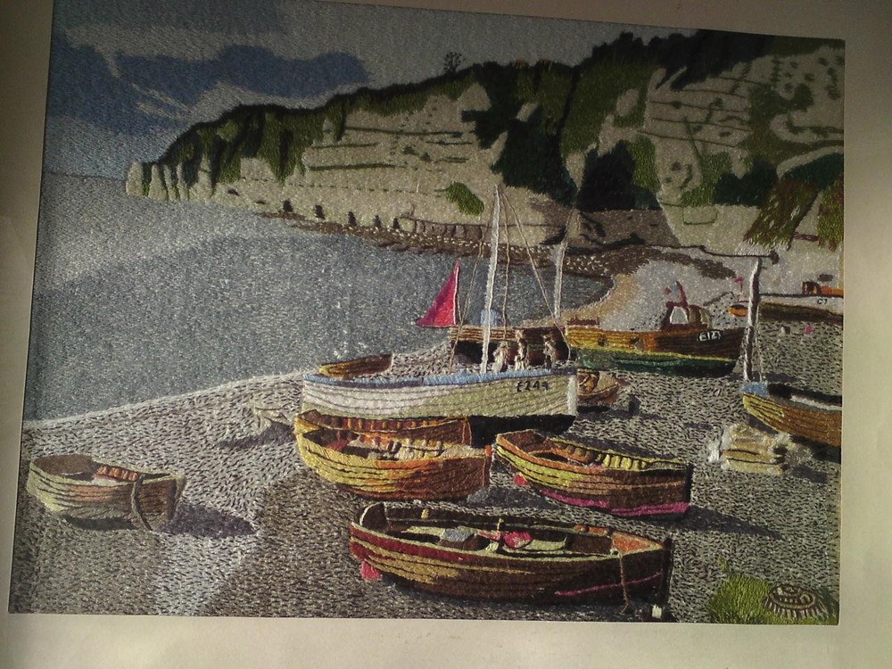 Framed Embroidery Needlework / Wool-work Picture - Beer Harbour, Seaton Devon