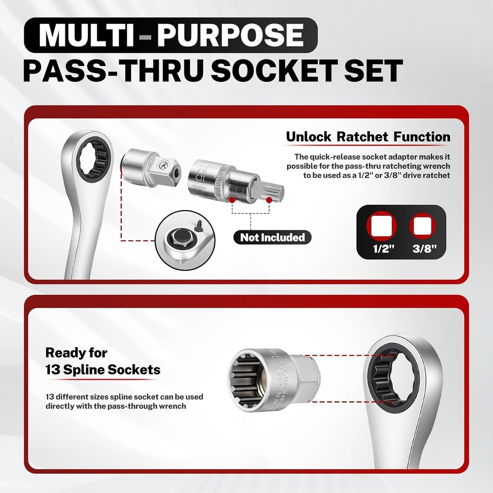 17PCS 3/8" & 1/2 Pass Through Socket Set 2-In-1 Conversion For Standard