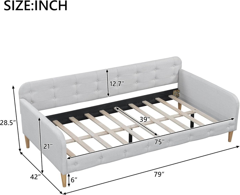Twin Size Upholstered Daybed W/ 4 Support Legs Linen Sofa Bed Frame W/ Button