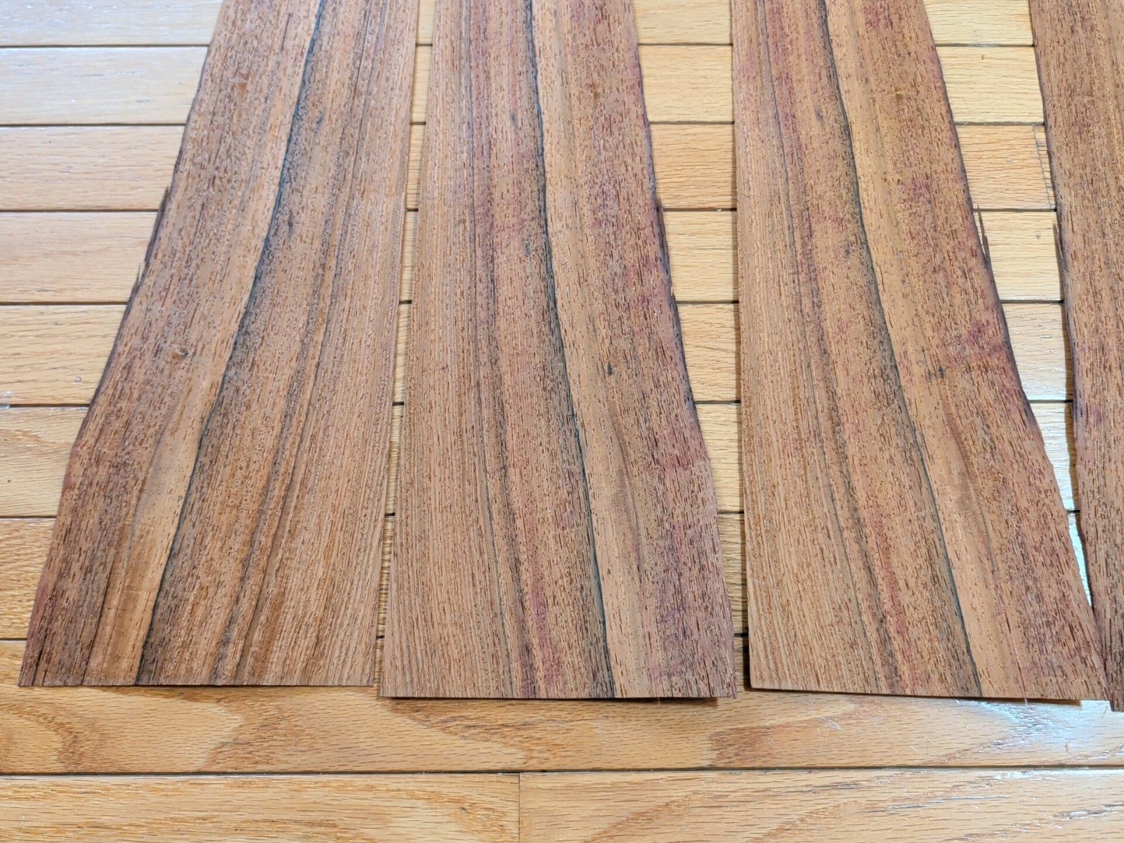 4 pcs San Domingo rosewood wood veneer 4 1/8" x 21" ea hole cracks 6" wi.