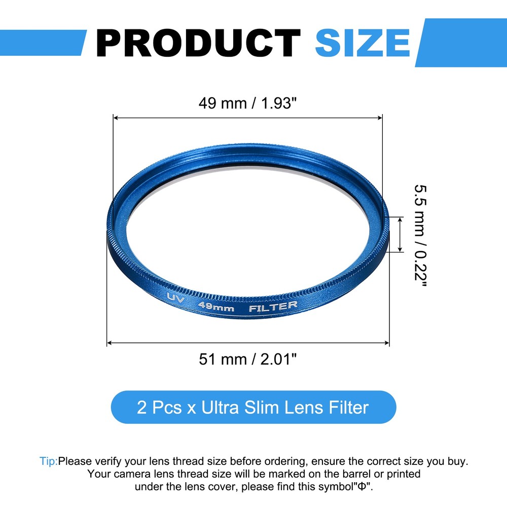2Pcs 49mm Ultra Slim Lens Filter Multi Coating Camera Len Filter, Blue