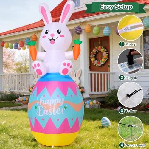 6 FT Easter Inflatables Bunny Outdoor Decorations Cute Easter Eggs Blow Up