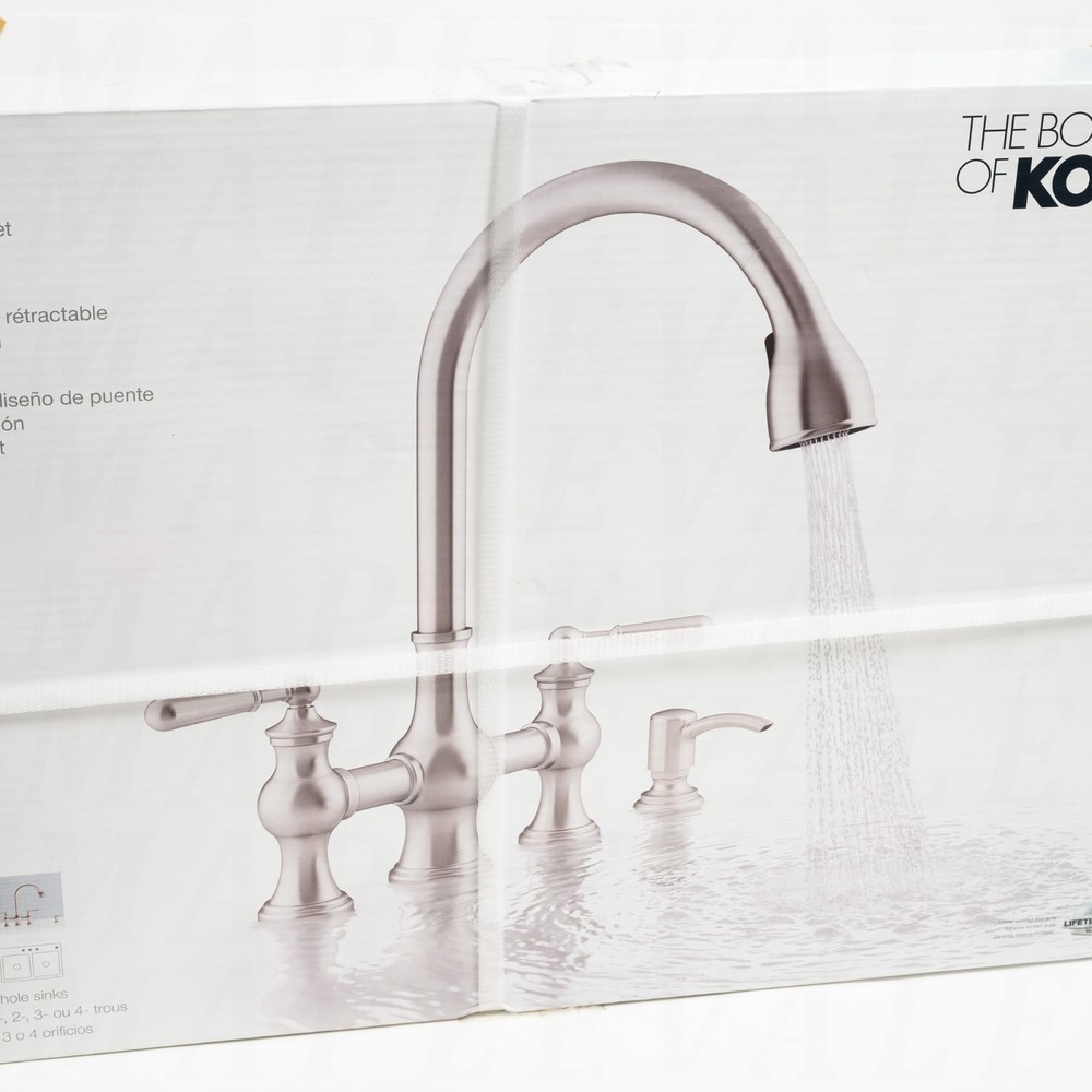 KOHLER Capilano 2-Handle Bridge Pull-Down Kitchen Faucet Vibrant Stainless NEW