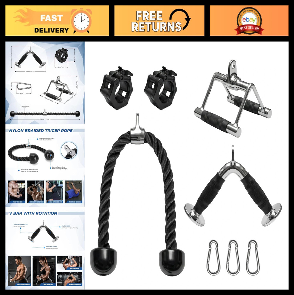 Heavy-Duty Cable Machine Attachments Kit - LAT Pulldown, V-Bar, Tricep Rope & Mo