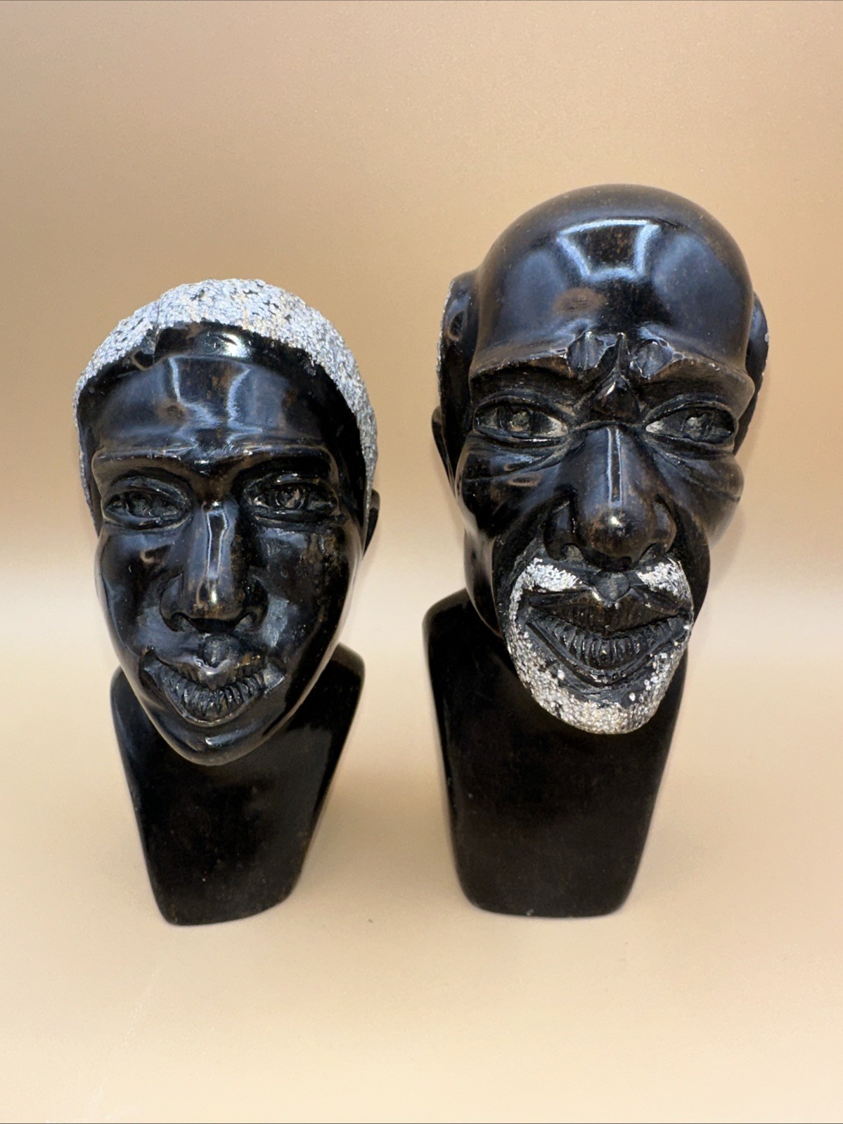 HAND-CARVED SOLID STONE AFRICAN SHONA HEAD BUST COUPLE FINELY DETAILED!