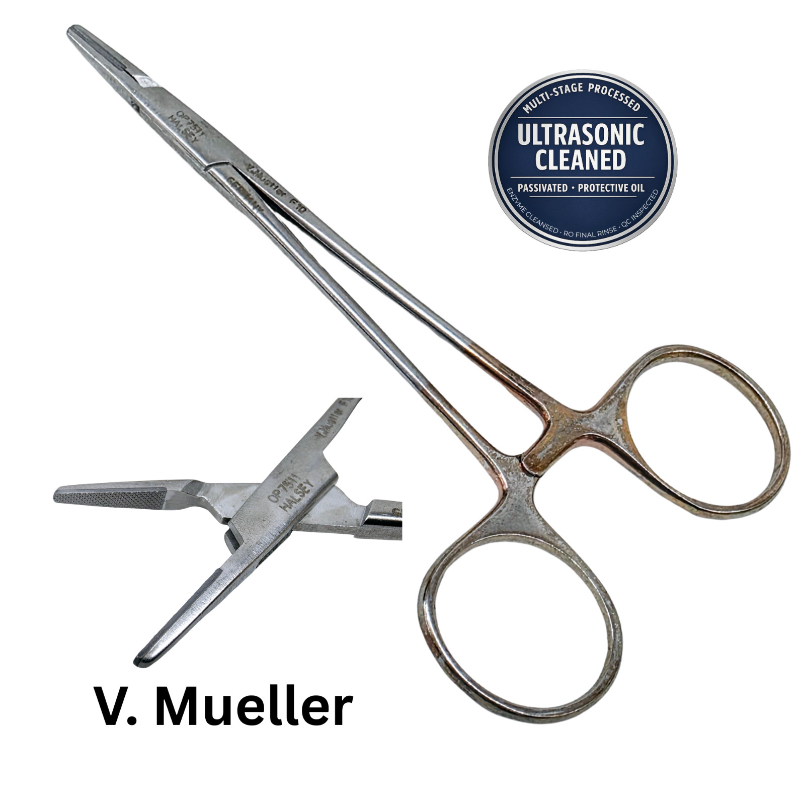 V. Mueller OP7511 Halsey Needle Holder TC 4.75" Serrated - Ultrasonic Cleaned