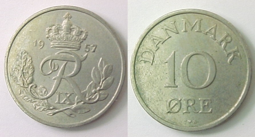 1957 Denmark Danish 10 Ore Almost Uncirculated AU
