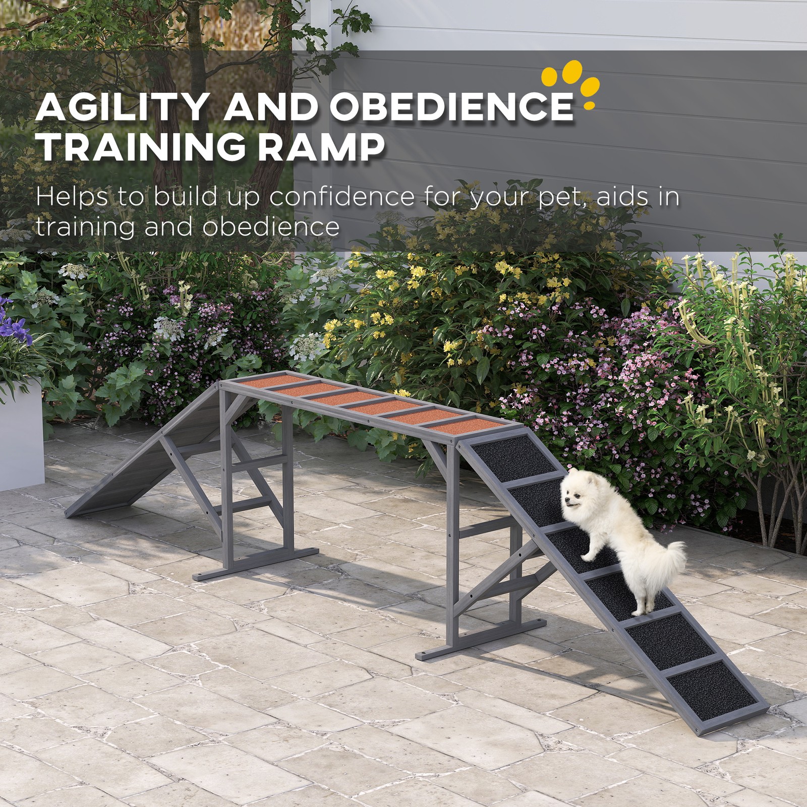 Dog Agility Equipment Ramp with Safety Bar, Non-slip Surface, Gray