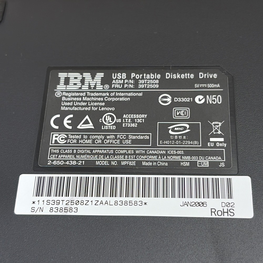 IBM USB Portable Diskette Drive MPF82E External 3.5" Floppy Drive with Case
