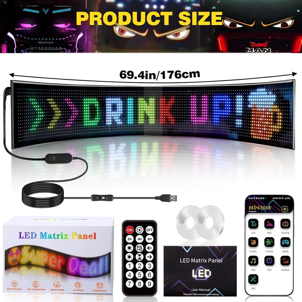 70”x7.6” Devil Eyes LED Display Light APP Control Flexible Programmable Screen