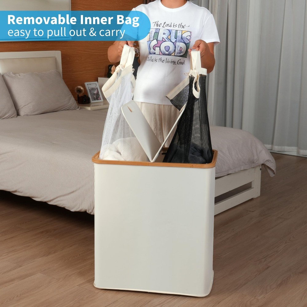 Laundry Hamper with Lid, Double Laundry Hamper with 2 Removable Bags, 2 Secti...