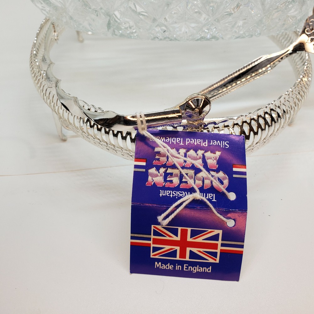 Queen Anne Silverplate Tableware Cut Glass Divided Oval Dish Caddy England