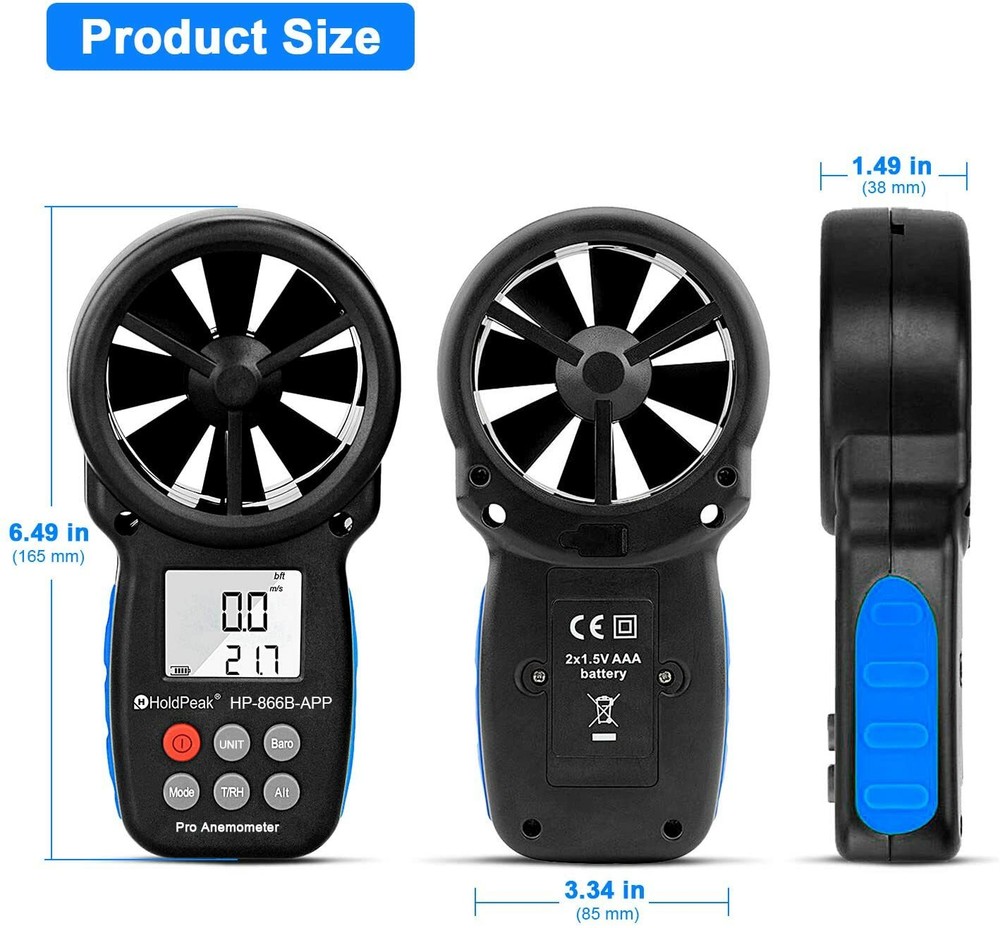 HoldPeak Digital Anemometer Wind Speed Gauge Meter Temperature Bluetooth Connect