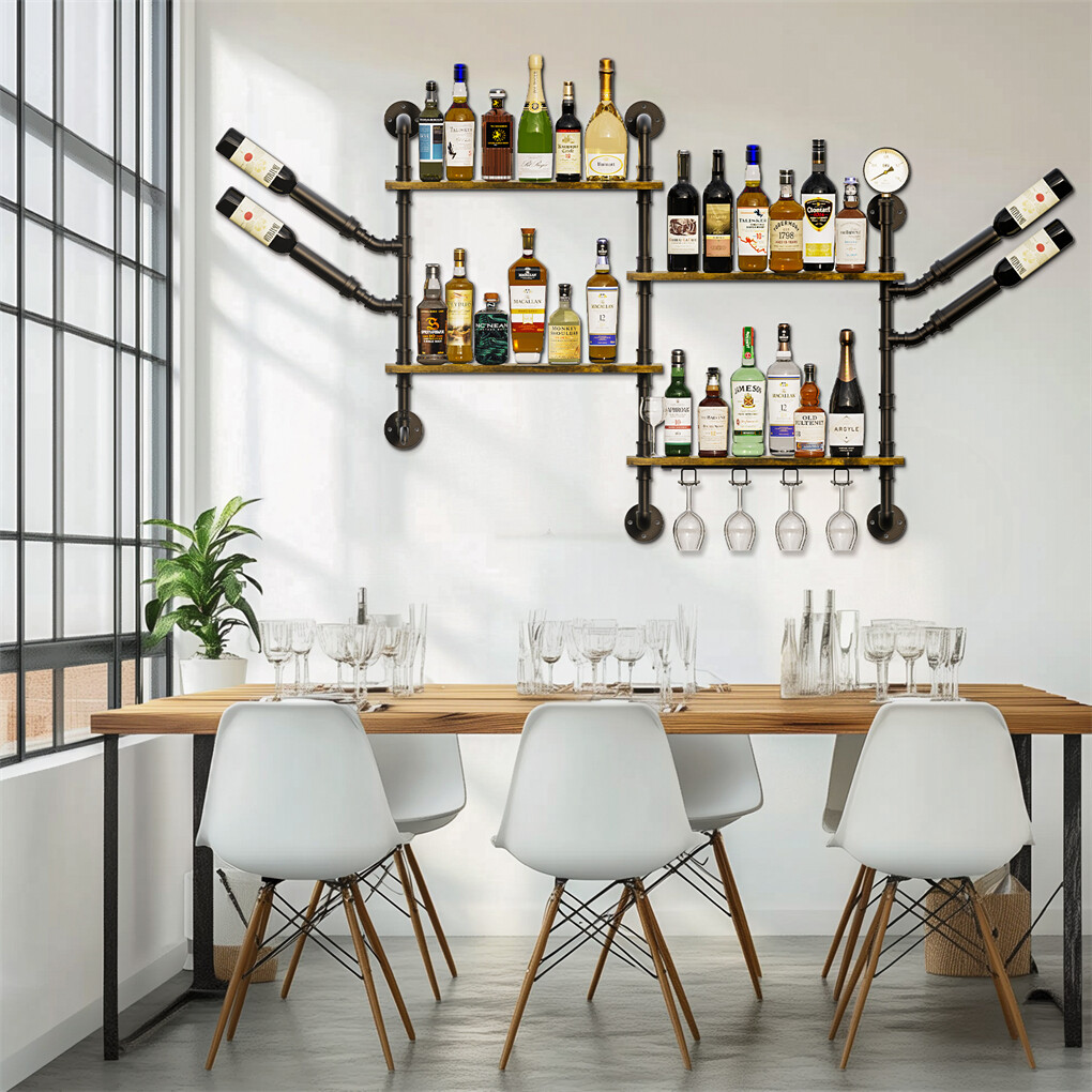 Industrial Pipe Bar Wall Liquor Shelf Floating Shelves with Wine Glass Holder