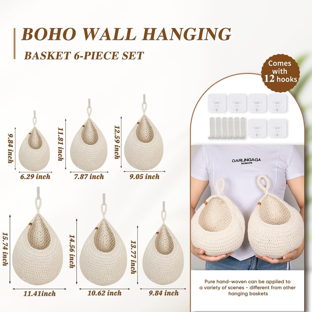 Hanging Fruit Baskets 6 Pack Wall Storage Boho Handwoven Kitchen Organizer Garli