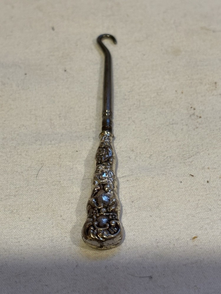 Antique Sterling Silver Handle Button Hook w/Beaded & Scrolling Design. 3 1/8” L