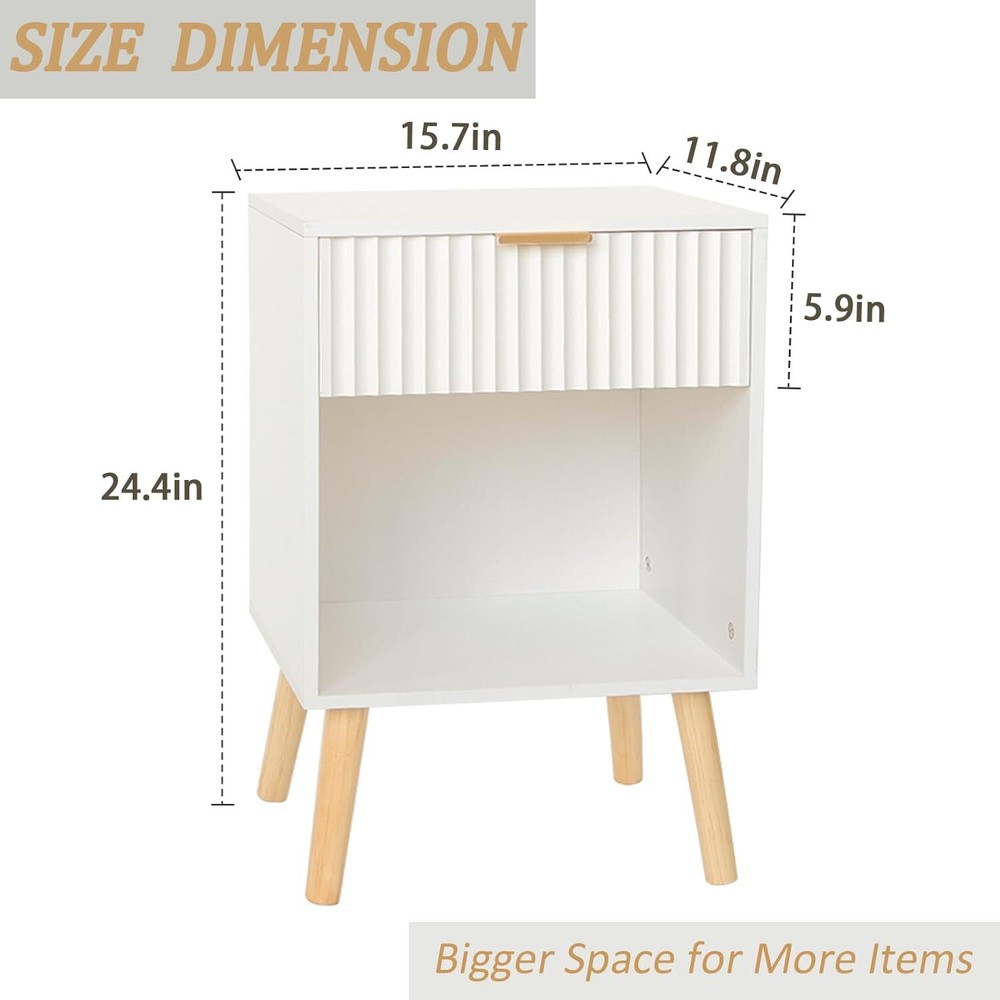 White Nightstand, Modern Bedside Table with Drawer and Opening Storage,