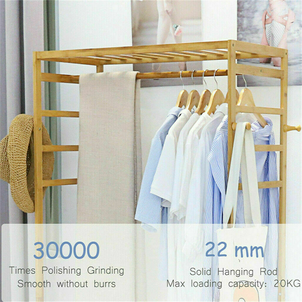 Bamboo Clothes Rail Rack Garment Storage Organizer Hanging Shelf On-Wheels DIY