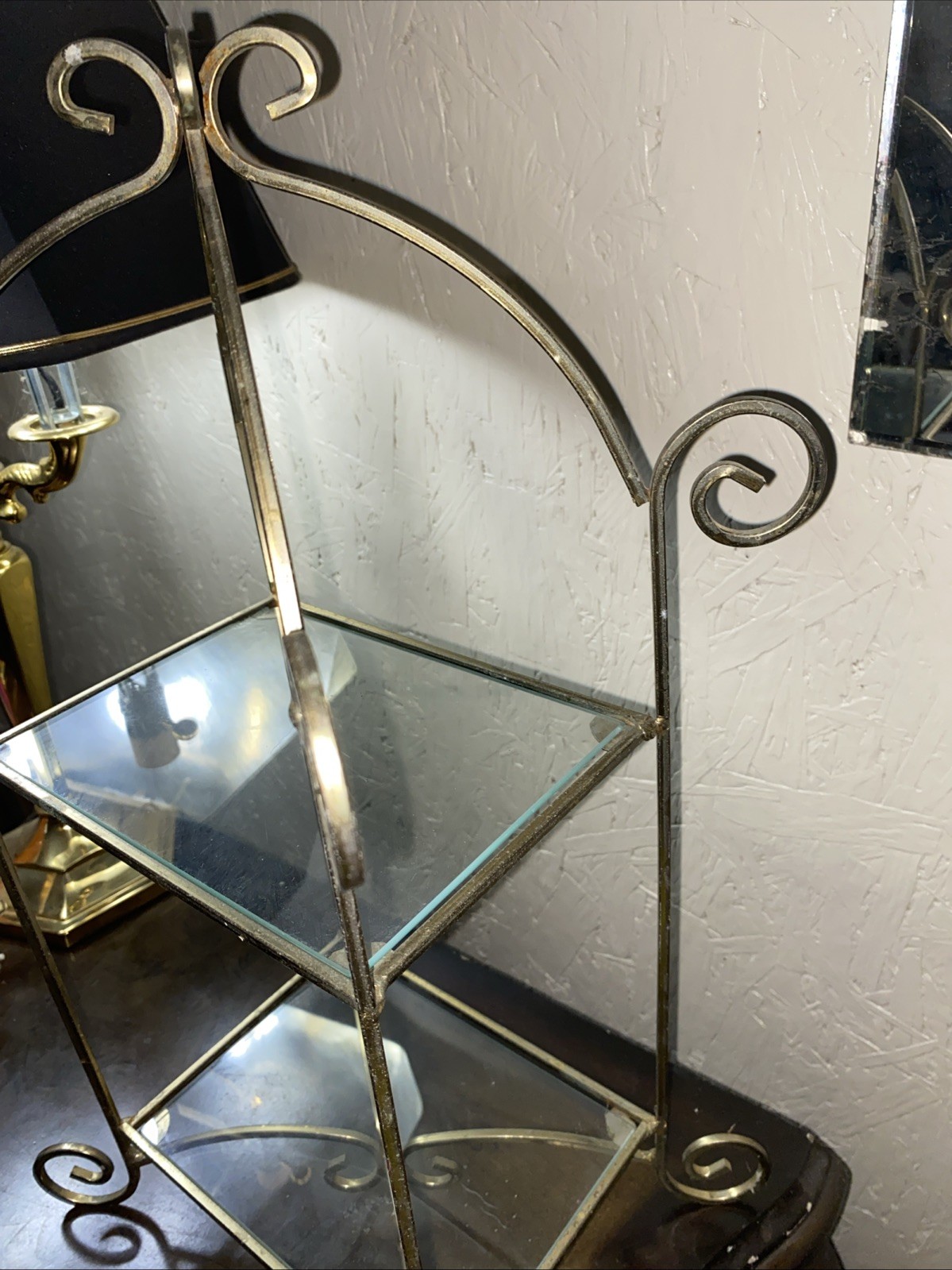 Vintage Two Tiered Shelf Brass Metal Frame With Two Glass Shelves Free Standing