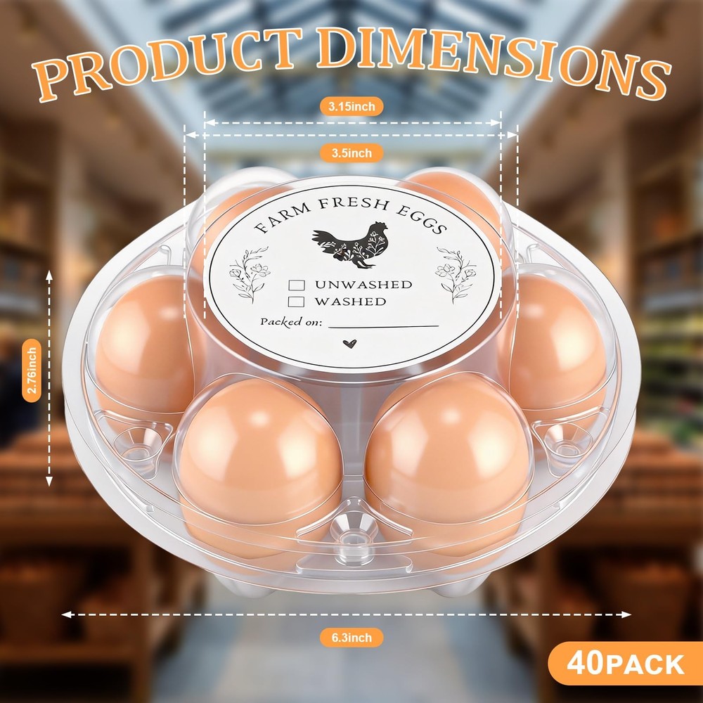 40 Pack Round 6 Count Plastic Egg Cartons Bulk with Date Stickers Half Dozen ...