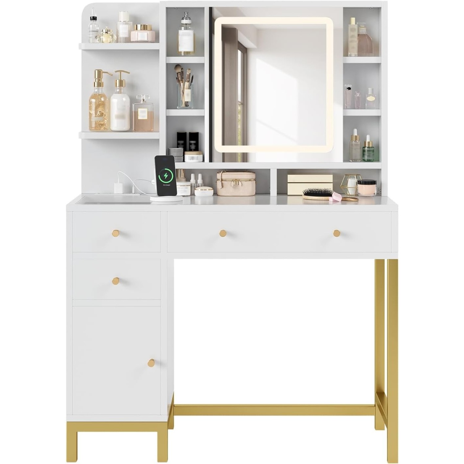 White Vanity Desk w LED Mirror, Makeup Table with Lights, Power Outlet & Storage