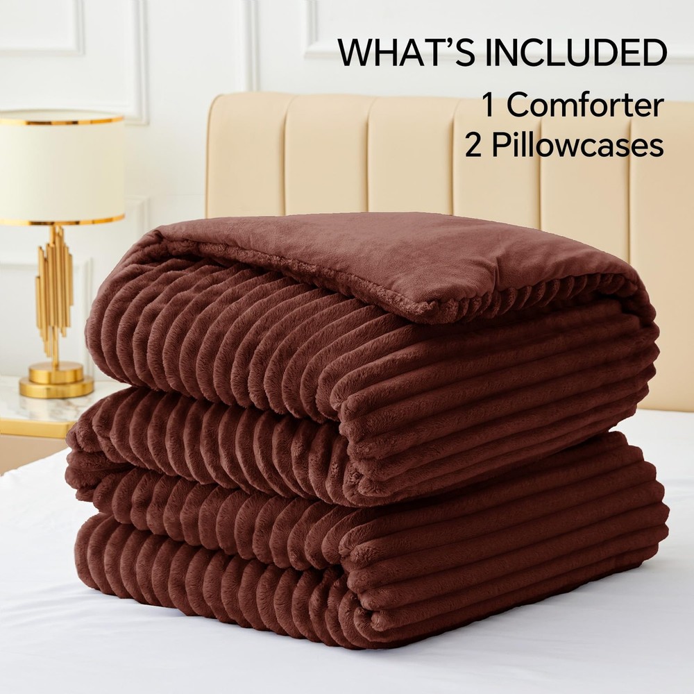 Fleece King Comforter Set -Super Soft & Warm Fluffy Hot Chotolate Bedding, Lu...