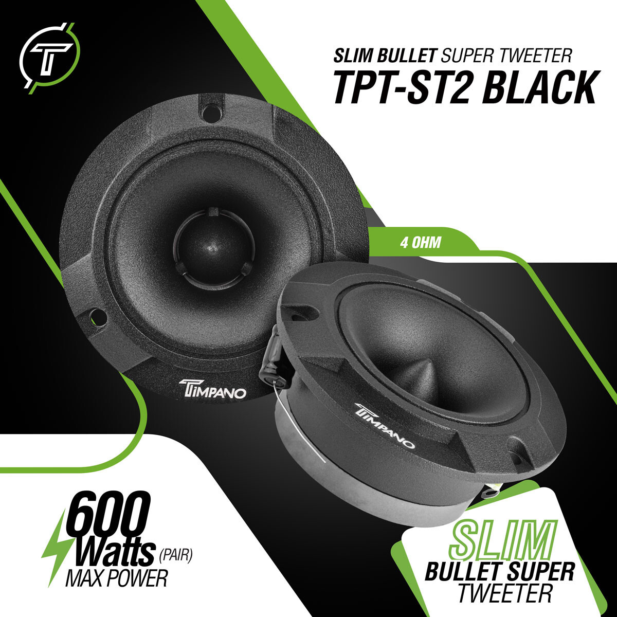 2x Timpano 600 Watts Car Audio Bullet Tweeters TPT-ST2 BLACK 3.85" Shallow 4 Ohm