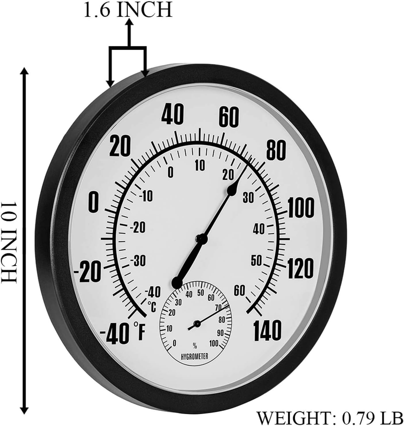 10" Waterproof Wall Thermometer with Hygrometer for Indoor/Outdoor Use (Black)