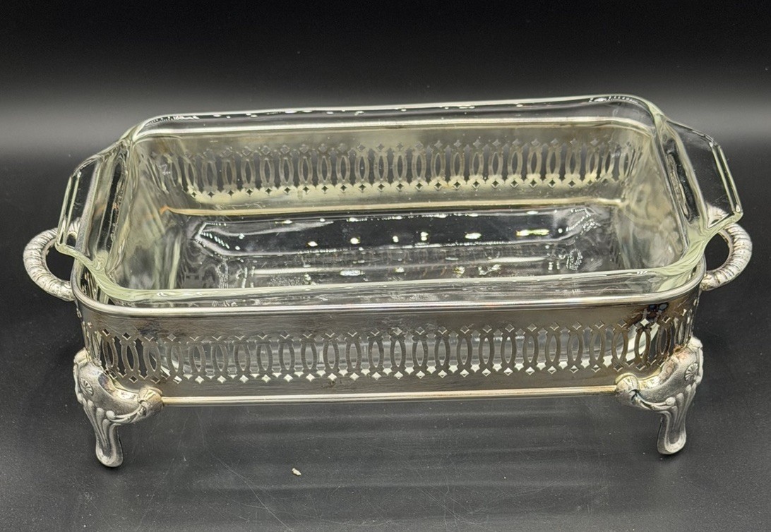 Vintage Silver plate Casserole Dish Handled Footed Stand with Fire King 432 Dish