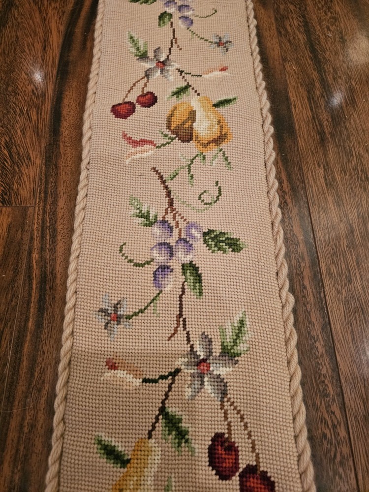 Vintage MidCentury Embroidered BellPull, Fruit Design W/Heavy Brass...
