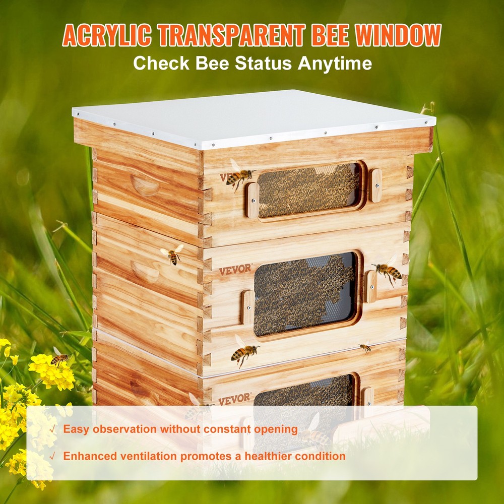 VEVOR Bee Hive Langstroth Kit 20 Deep & 10 Medium Frames with Acrylic Windows