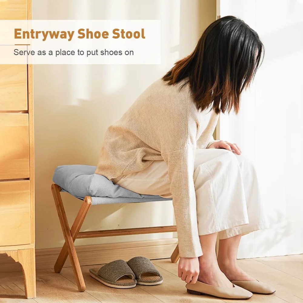 Folding Footrest Stool, Small Portable Bamboo Accent Ottoman, Footstool