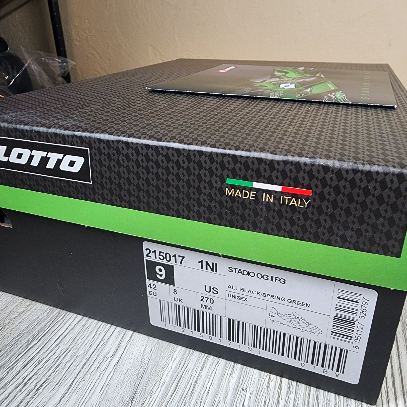 Lotto Stadio OG II FG Soccer Black/Green Mens Sizes 6.5-12 New Made In Italy