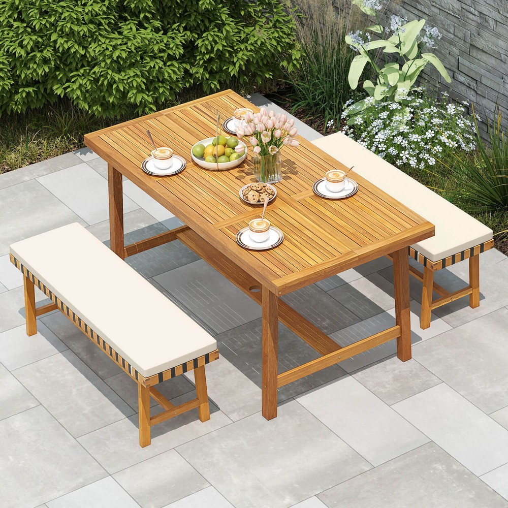 3-Piece Patio Dining Set, 2 Benches & Rectangular Table w/1.97” Umbrella Hole