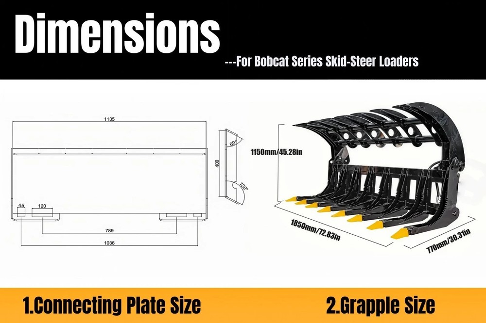 72in Root Rake Skid Steer Grapple Attachment Fits Bobcat Skid Steer Quick Attach