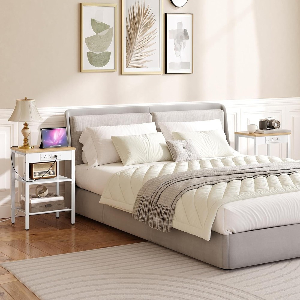 Side Table W/ Charging Station & USB Ports Small End Table Small Space 3-Tier