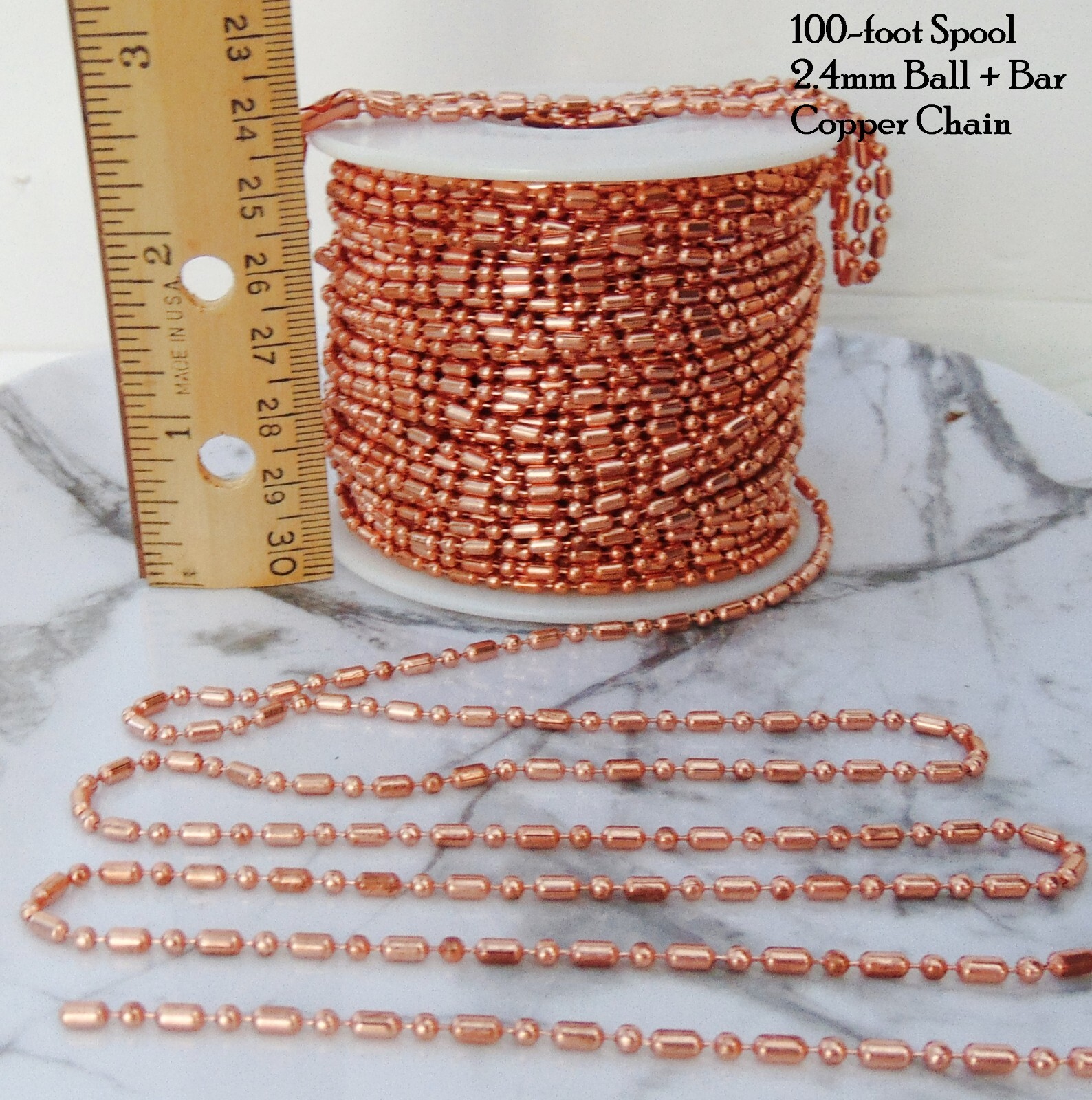 Pure COPPER Ball Chain Bar + Ball Bead~ 2.4mm w/ or w/o Connectors Made in USA