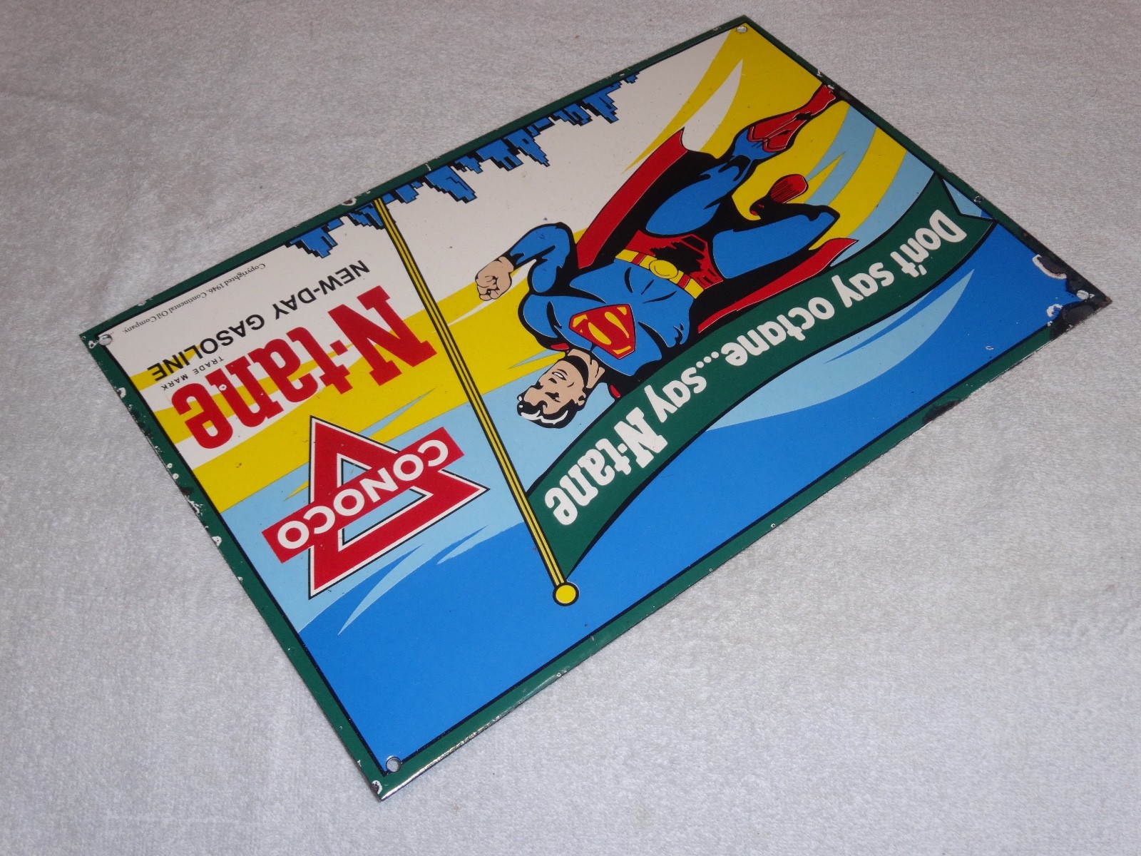 VINTAGE 1946 CONOCO N-TANE SUPERMAN GASOLINE 16" PORCELAIN METAL COMIC BOOK SIGN