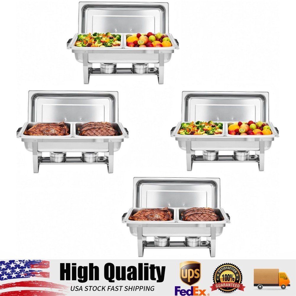 4-Pack Rectangular Chafing Dish, Dual Compartment Stainless Steel Buffet Warmer